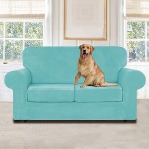 Velvet Aqua Couch Slipcover and 2 Cushion Covers